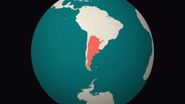Argentina map. Animated zoom into the country on the Globe in Teal Pale Mint color palette. Country logo animation. Map with meridians, parallels. Neat video.