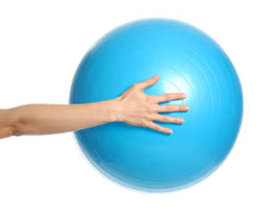 柔らかな手が触れる浮遊ヨガボールの静かなバランス表現｜背景なし・透過PNG・コピースペース