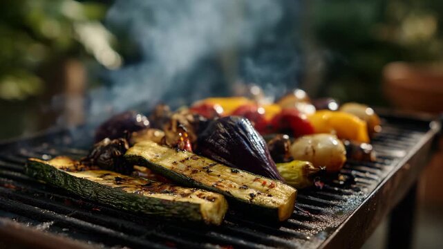 Assorted grilled vegetables smoke gently on a BBQ, inviting viewers to relish the aromatic flavors of summer gatherings while celebrating culinary creativity and outdoor dining.