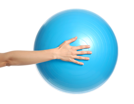 柔らかな手が触れる浮遊ヨガボールの静かなバランス表現｜背景なし・透過PNG・コピースペース