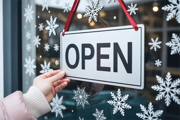 business owner hang open sign on store with christmas decor