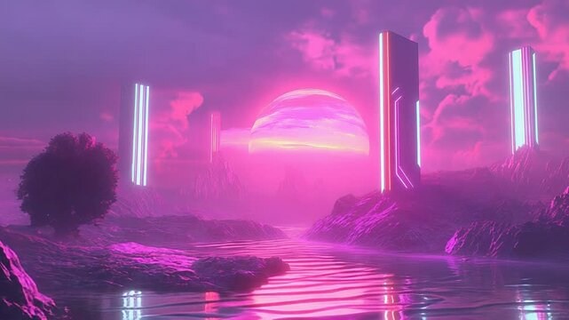 Futuristic synthwave landscape displaying alien planet sunset