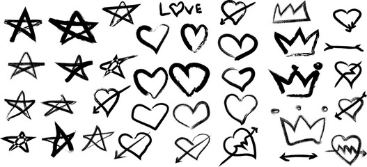 Set of hand-drawn stars, love and crown. Collection of hand drawn love on a transparent background. star icons