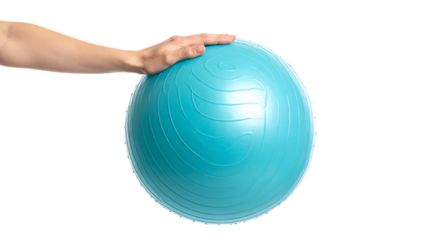 柔らかな手が触れる浮遊ヨガボールの静かなバランス表現｜背景なし・透過PNG・コピースペース