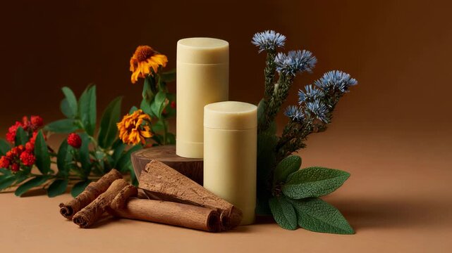 An artistic display of natural skincare products surrounded by flowers and herbs, emphasizing a holistic approach to personal care and wellness through nature's bounty.