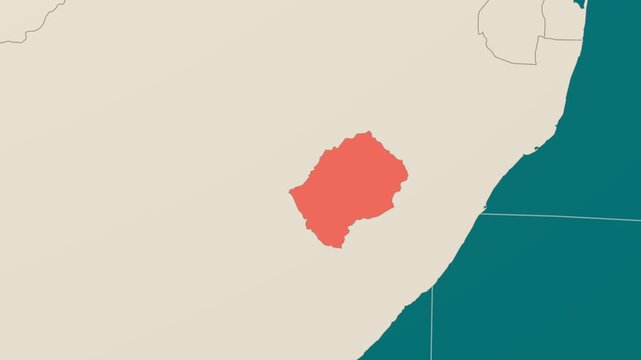 Lesotho map. Animated zoom into the country on the Globe in Teal Pale Mint color palette. Country logo animation. Map with meridians, parallels. Appealing video.
