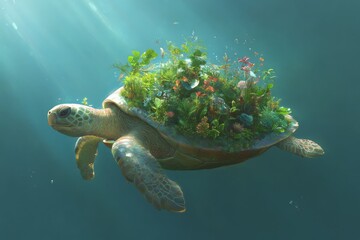 Obraz premium Whimsical underwater scene with a turtle carrying lush greenery and flowers