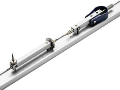 Precision metal beam compass for drafting and technical drawing on a transparent background