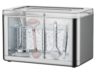 Ultrasonic sterilizer cleans beauty tools in bubbling water on a transparent background