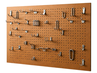 Pegboard with a set of assorted metal hooks for tool storage on a transparent background