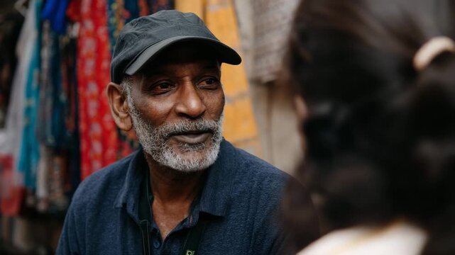 A joyful elderly man wearing a cap is engaged in a warm conversation, surrounded by vibrant textiles and cultural elements, depicting community and companionship.