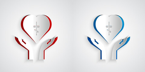 Paper cut Religious cross in the heart inside icon isolated on grey background. Love of God, Catholic and Christian symbol. People pray. Paper art style. Vector