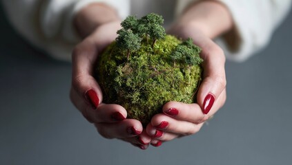 Person holding a mossy ball close up with focus on hands and greenery