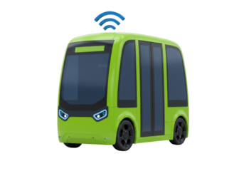 Green autonomous shuttle bus isolated on transparent background, self-driving vehicle for public transport and future mobility