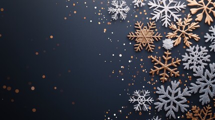 Golden and Silver Snowflake Backgrounds Intricate golden and silver snowflakes over a gradient dark background, symbolizing holiday elegance.