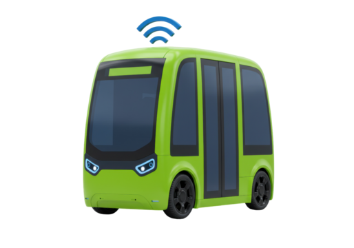 Green autonomous shuttle bus isolated on transparent background, self-driving vehicle for public transport and future mobility