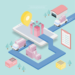 isometric view of a building Isometric illustration of a delivery scene with a van and packages