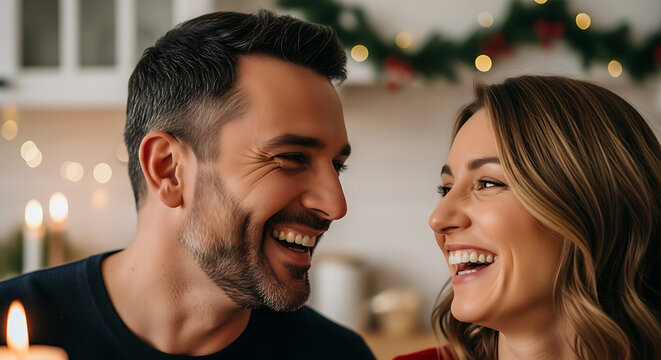 Expressions of a happy couple as they celebrate the Christmas holiday season, displaying genuine affection and creating lasting memories together.