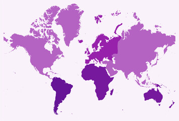 Map of World. Just a simple border map with continent division. Purple color palette. Flat map with administrative division. Vector illustration.