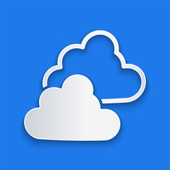 Paper cut Cloudy weather icon isolated on blue background. Paper art style. Vector