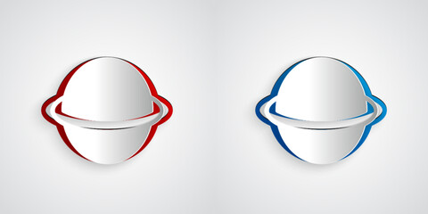 Paper cut Planet Saturn with planetary ring system icon isolated on grey background. Paper art style. Vector © Vadim