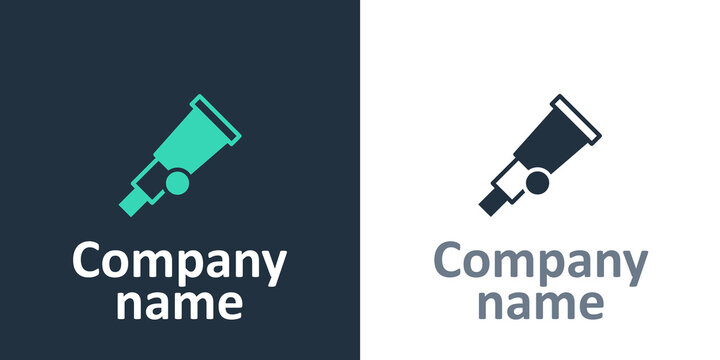 Logotype Telescope icon isolated on white background. Scientific tool. Education and astronomy element, spyglass and study stars. Logo design template element. Vector