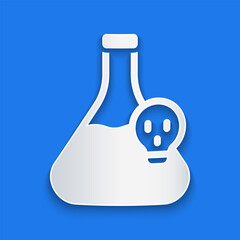 Paper cut Laboratory chemical beaker with toxic liquid icon isolated on blue background. Biohazard symbol. Dangerous symbol with radiation icon. Paper art style. Vector