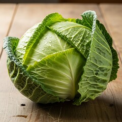 Fresh Green Cabbage Head on Wooden Surface - A Healthy Vegetable.
