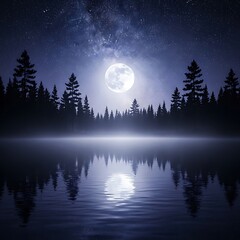 Fototapeta premium Moonlit Serenity - A Tranquil Nightscape Reflection on Still Waters.