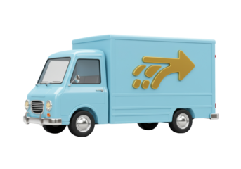 Light blue delivery truck with golden arrow isolated PNG, cartoon style vehicle for shipping and transportation services