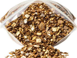 Bag of raw unrefined gold ore nuggets and shiny flakes on a transparent background