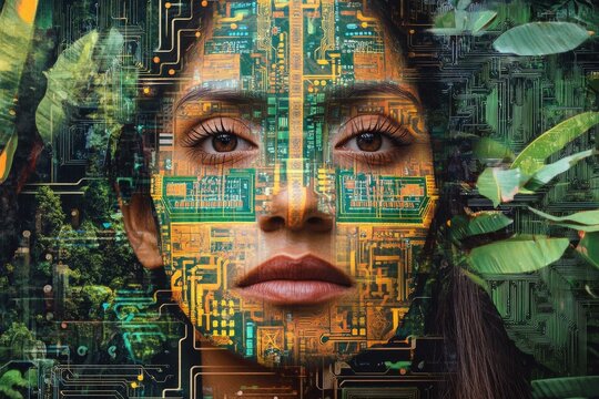 Futuristic collage merging technology with nature and human expression