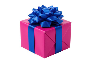 Pink gift box with blue ribbon and bow isolated, present for birthday or Christmas celebration on a clean backdrop