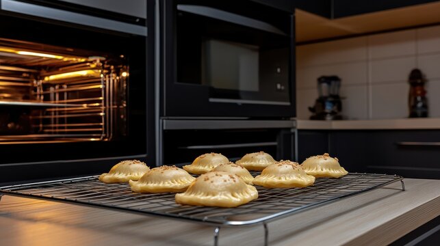 Freshly Baked Empanadas Cooling on Rack in Modern Kitchen, Golden Brown Savory Pastries, Ready to Serve, Food Photography