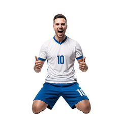 Triumphant football player on his knees, cheering with excitement and giving a thumbs up gesture after scoring a decisive goal