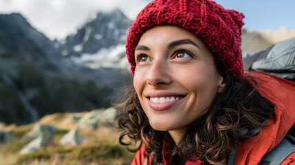 Woman hiking in mountainous area, smiling at camera.