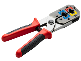 Handheld wire terminal crimping tool for electrical work on a transparent background