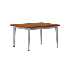 Fototapeta premium A simple brown wooden table with four metal legs and a white background.