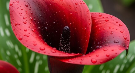 Crimson Calla Lily Elegance - A Close-Up with Water Droplets.