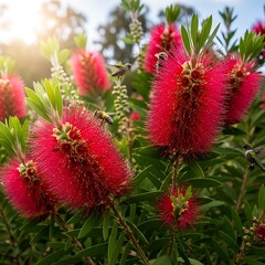 Crimson Bottlebrush Blooms - A Vibrant Display of Natures Beauty.