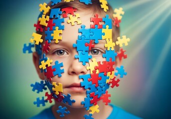 Childs Face Covered in Colorful Puzzle Pieces - Autism Awareness.