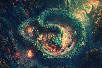 Obraz premium Enchanting serpent in a mystical fractal forest: fantasy imagery for magical design