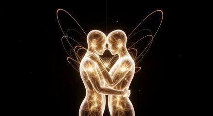 Stunning golden silhouettes embracing, a symbol of connection, love, and unity for wellness brands, spiritual content, and modern relationship concepts