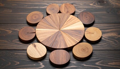 Wooden pie chart on a dark wooden surface