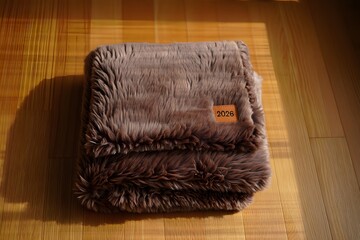 Folded brown faux fur blanket on wooden floor