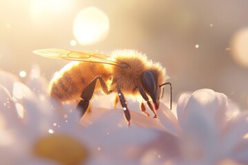 Naklejka premium Close-up of a bee on a flower in a sunlit garden - nature and biodiversity concept