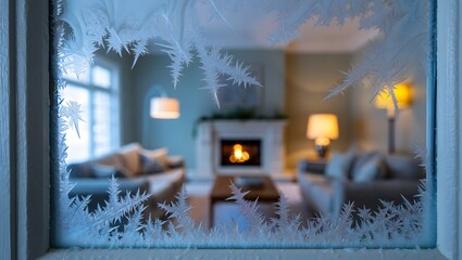 Cozy living room with fireplace seen through frozen window