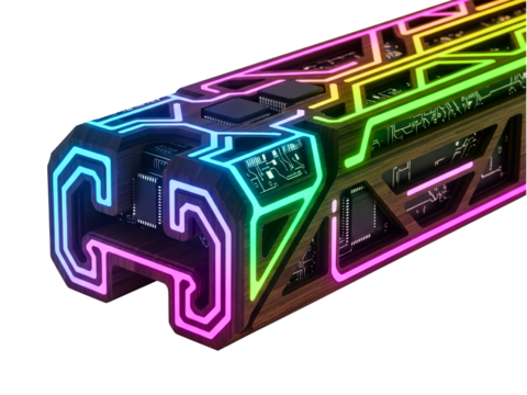 Futuristic sci-fi beam with glowing RGB LED circuit board on a transparent background - Powered by Adobe