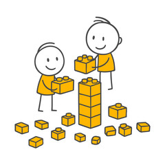 The Partnership Built by Two People with Building Blocks The Excitement of Constructing a Tall Tower and the Power of Working Together.