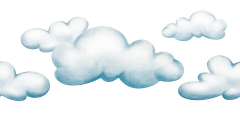 Whimsical gray-blue rain cloud in seamless border,painted with soft watercolor washes and cheerful colored pencil details.For childrens books,weather-themed projects and playful nursery decor